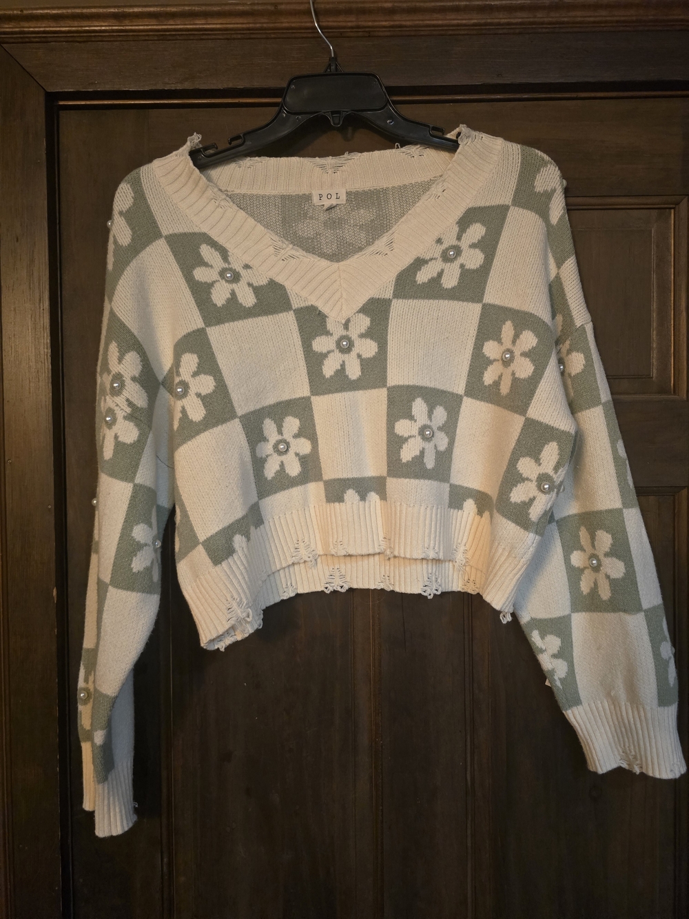 O POL Cropped Distressed Floral  V-Neck Sweater in Cream and Sage Green Med.